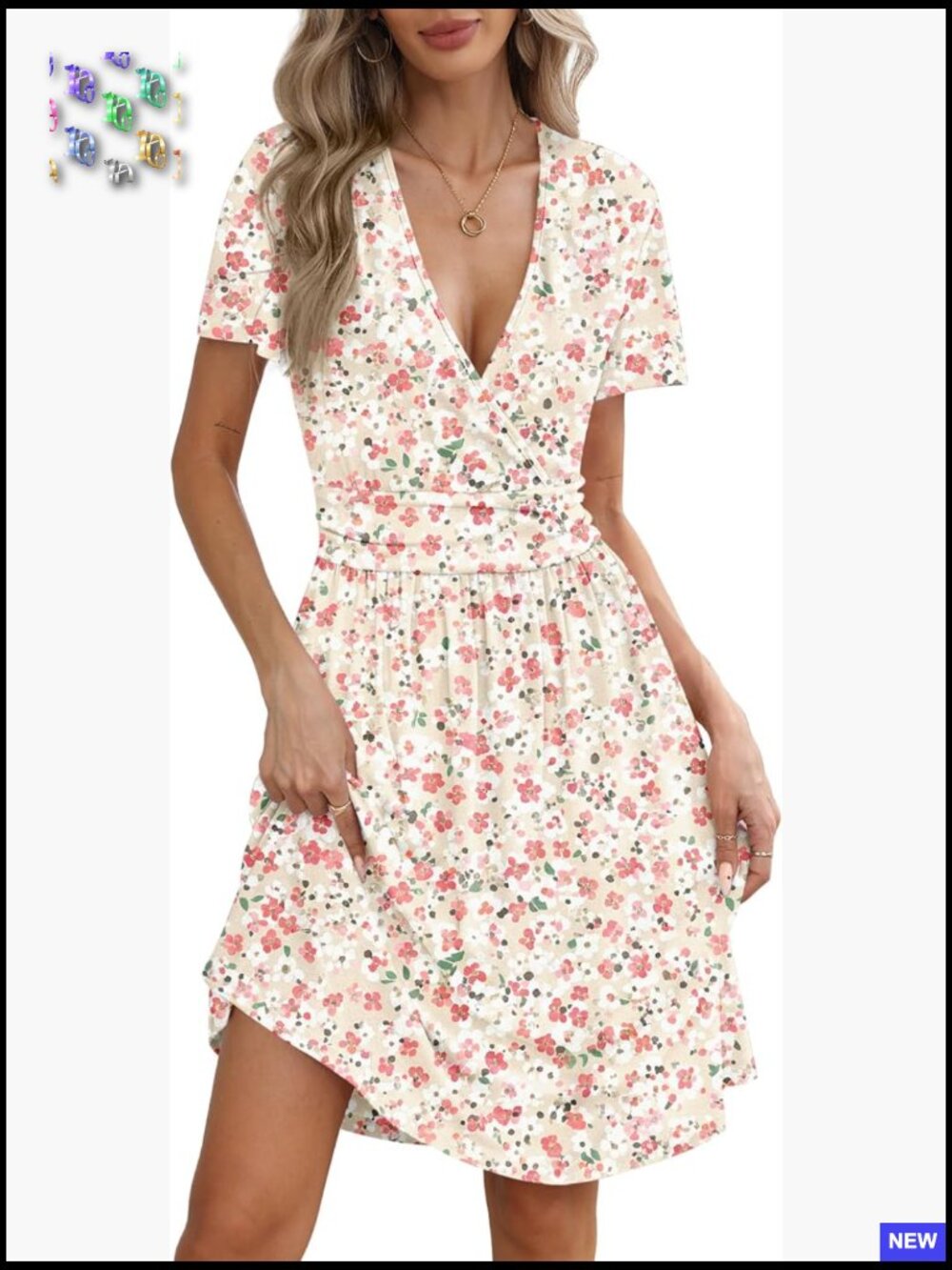 Faux Wrap V Neck Midi Dress Short Sleeve A-Line Sundress With Pockets Chic